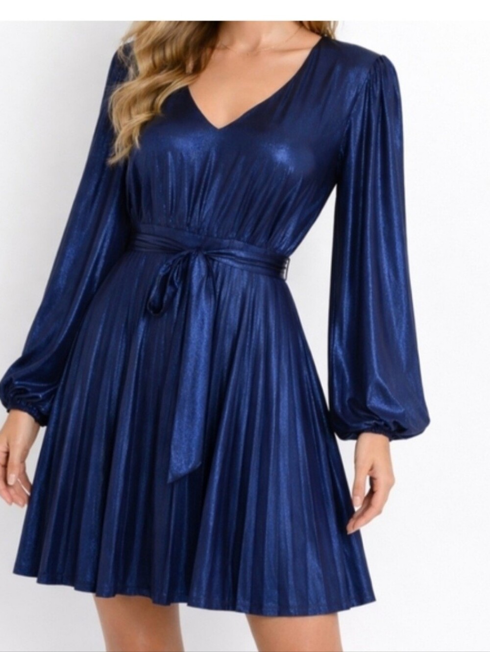 Versona Charmed Hearts Blue Metallic Pleated Dress Size LARGE  FORMAL HOLIDAY
